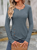 Decorative Button Round Neck Long Sleeve T-shirt (31)