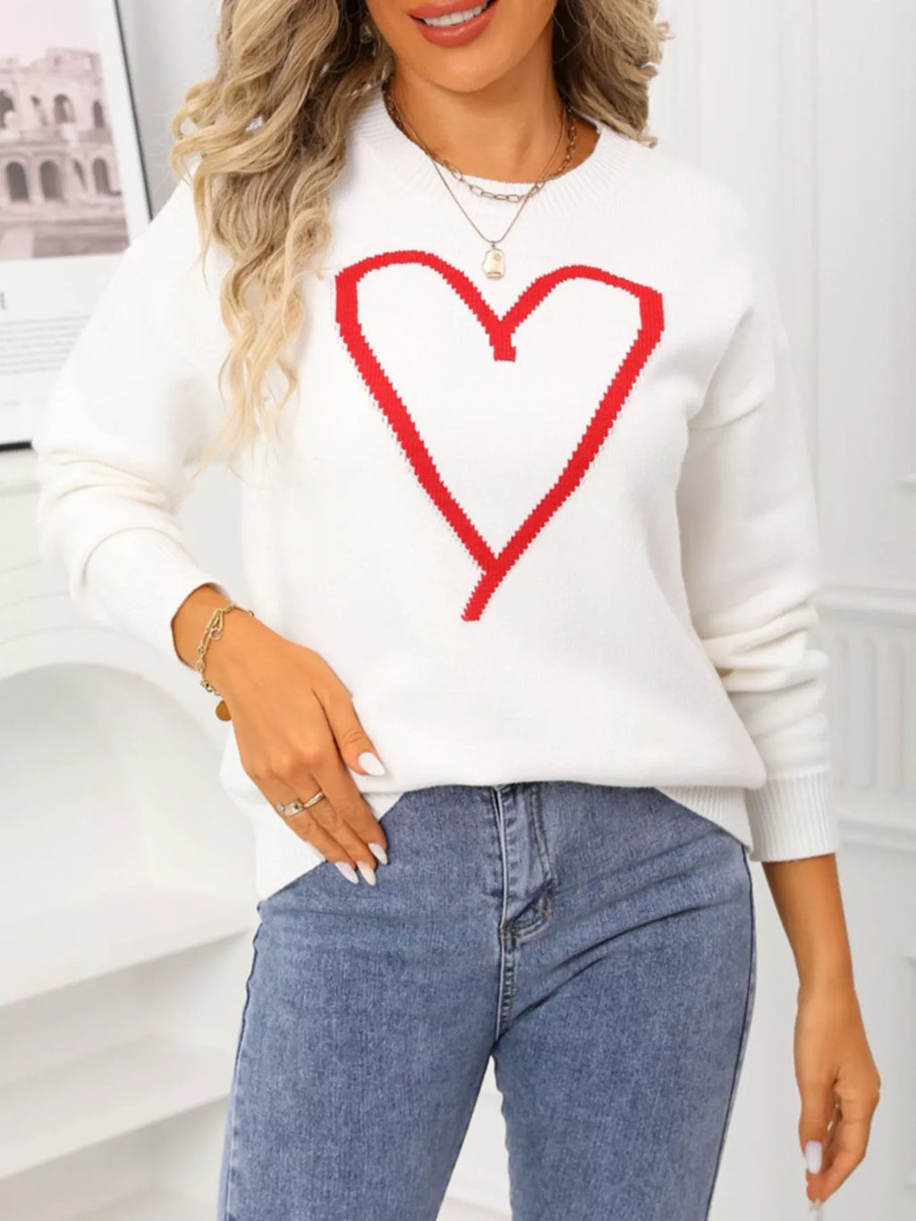 Valentine's Day Heart Graphic Dropped Shoulder Sweater (9)