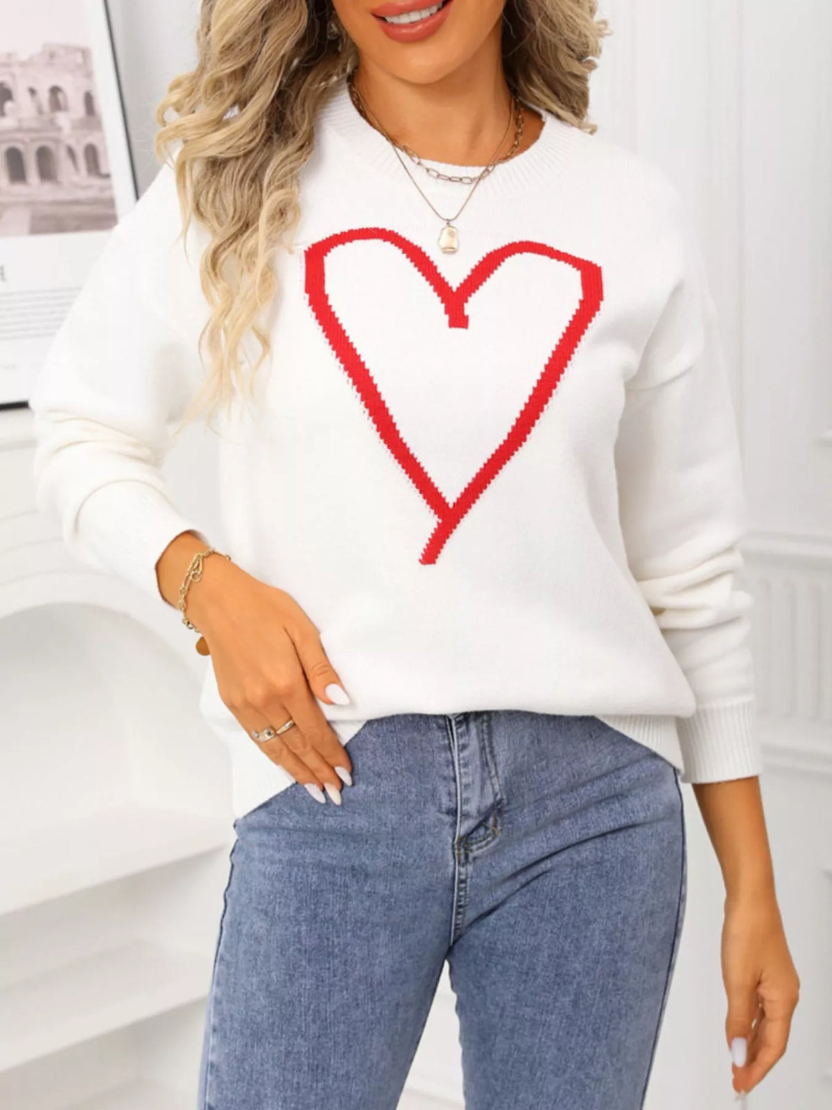 Valentine's Day Heart Graphic Dropped Shoulder Sweater (9)
