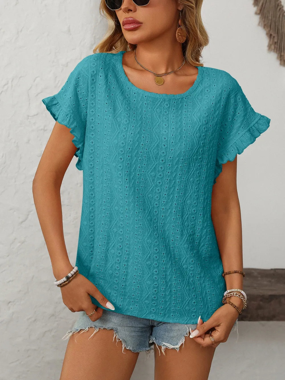 Eyelet Round Neck Short Sleeve Top (33)