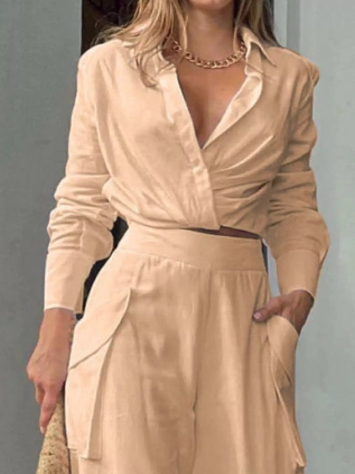 Long Sleeve Shirt Wide Leg Pants Set (5)