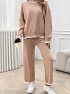 Round Neck Dropped Shoulder Top Pants Sweater Set (4)