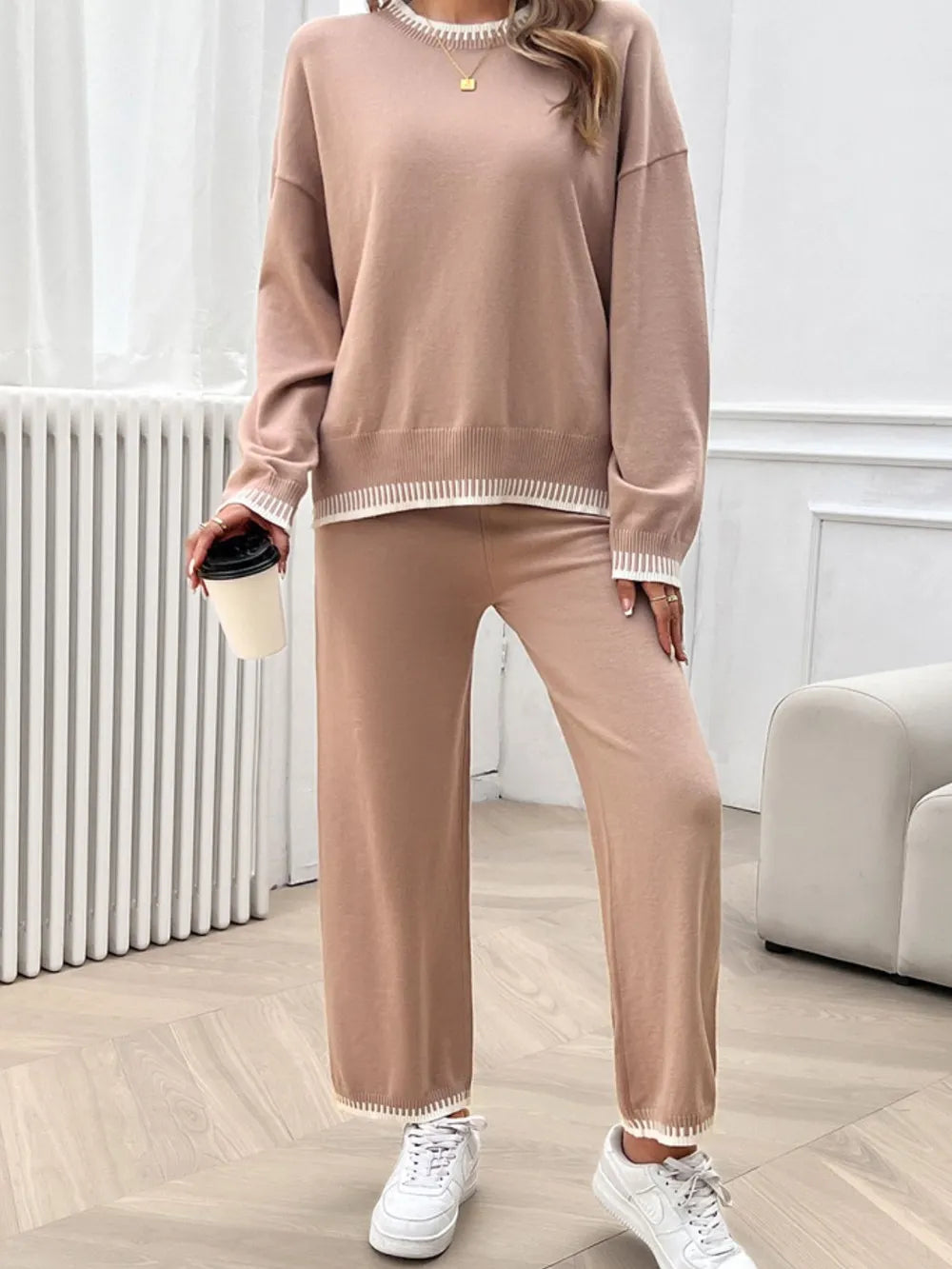 Round Neck Dropped Shoulder Top Pants Sweater Set (4)
