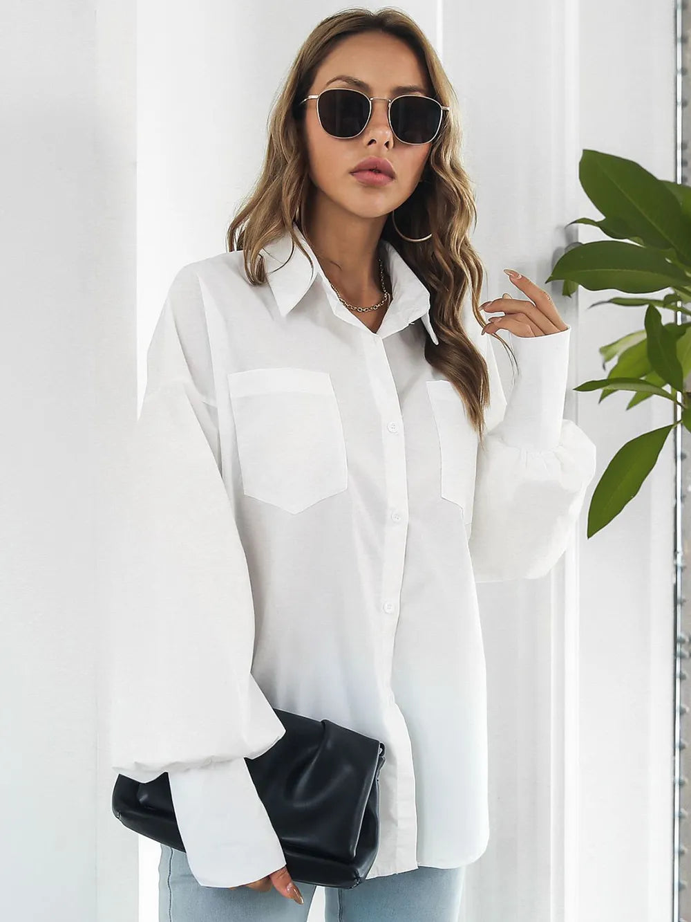 Button Up Dropped Shoulder Lantern Sleeve Shirt (10)
