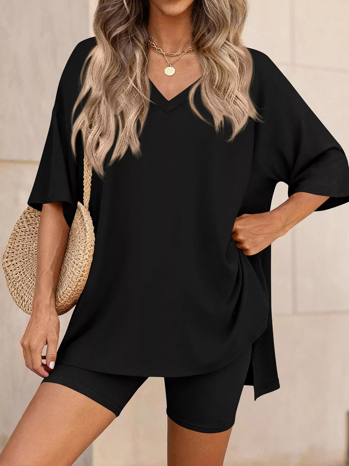 Full Size Casual Loose V-neck T-shirt Shorts Set Plus (5)