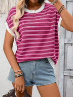 Striped Round Neck Short Sleeve Sweater (3)