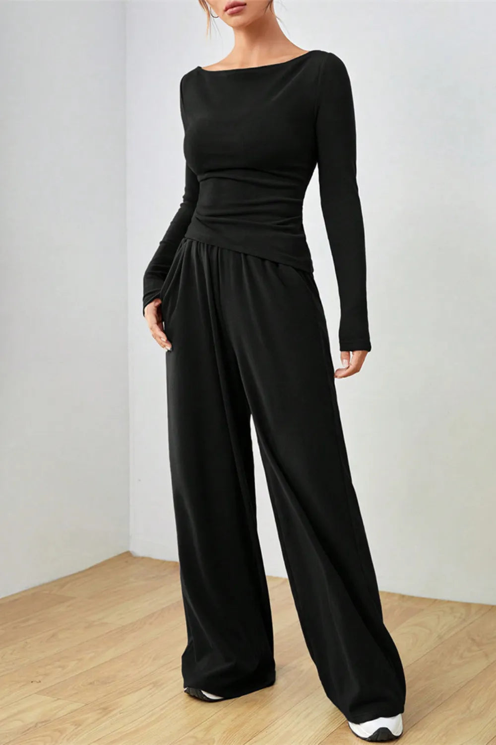 Boat Neck Long Sleeve Top Pants Set (17)