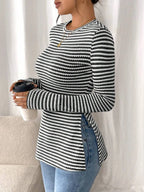 Side Slit Striped Long Sleeve T-shirt (11)