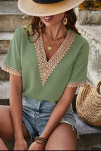 Full Size Lace Detail V-neck Short Sleeve Blouse Plus (10)