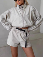 Drawstring Zip-up Jacket Shorts Set (18)
