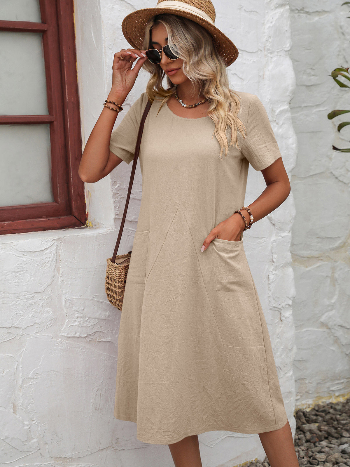 Round Neck Short Sleeve Dress Pockets (5)
