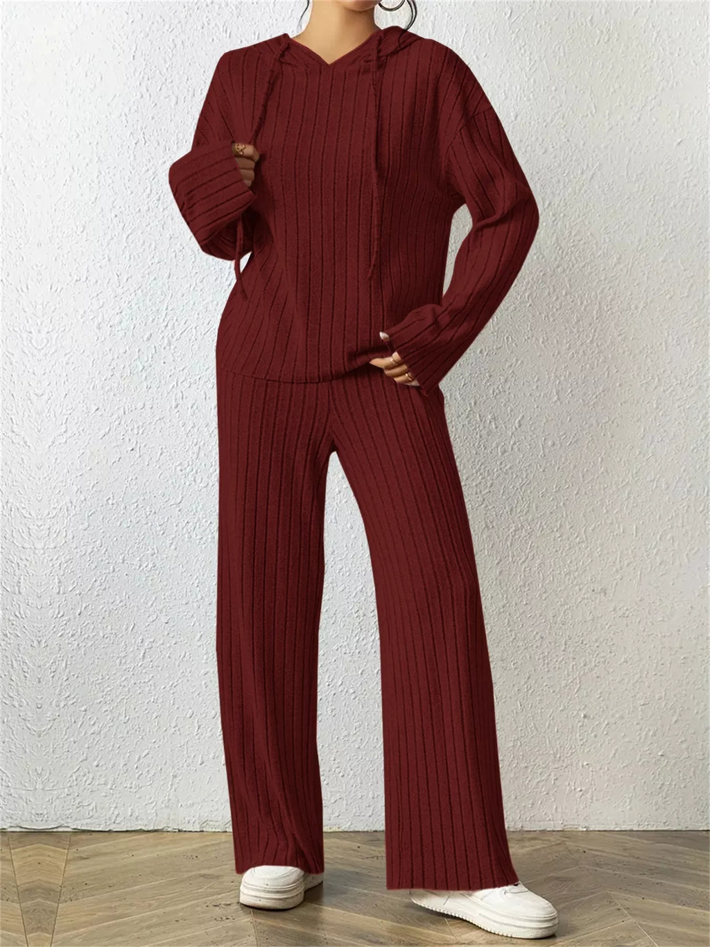 Ribbed Drawstring Hoodie Pants Set (17)