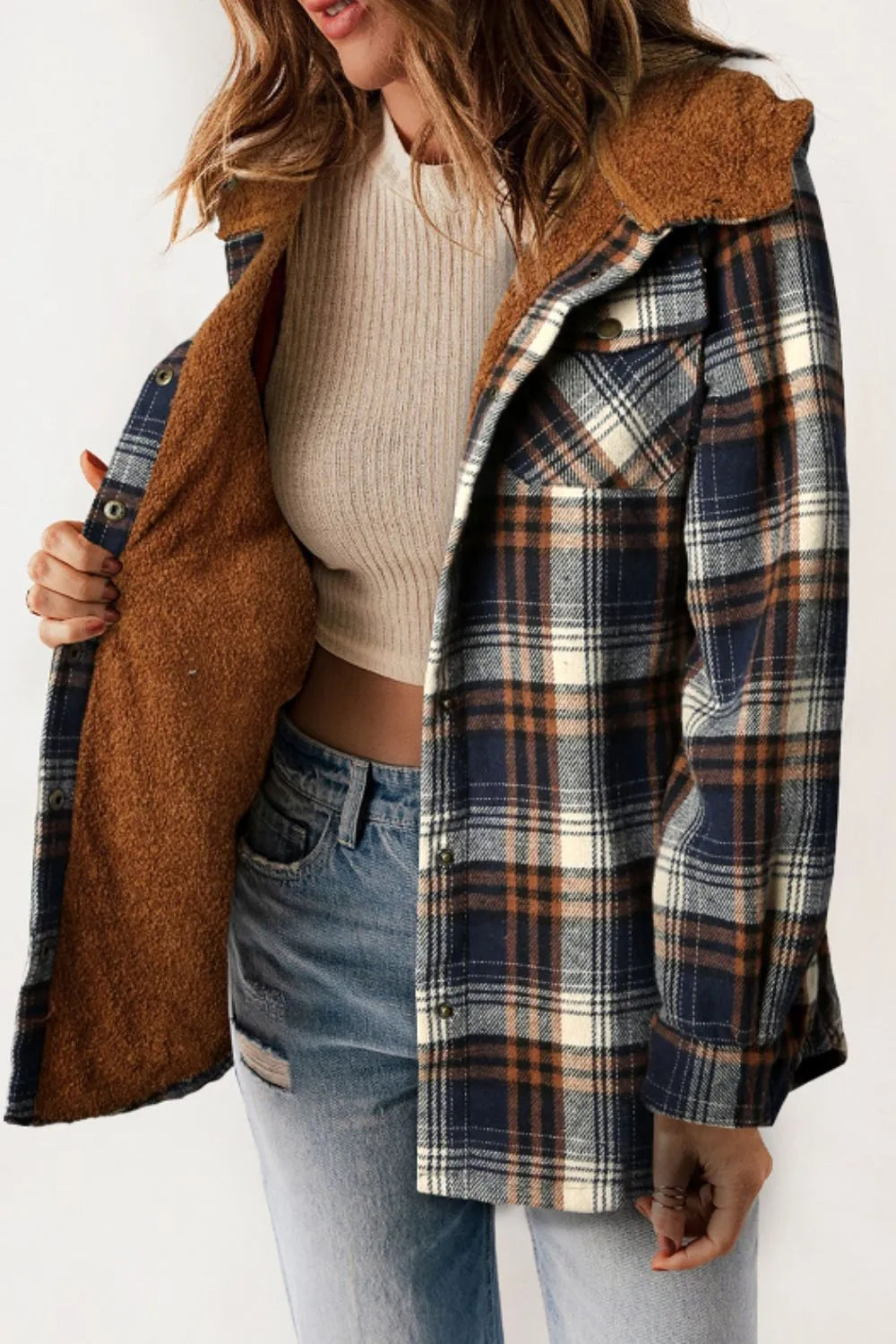 Plaid Button Up Long Sleeve Hooded Jacket (8)