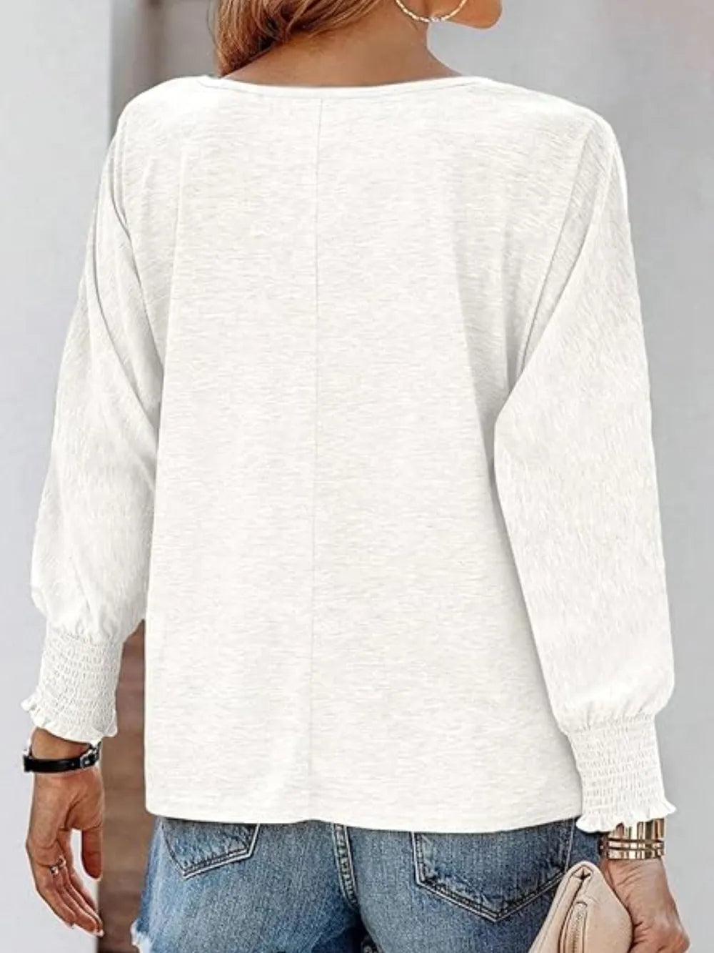 Round Neck Smocked Lantern Sleeve T-shirt (10)
