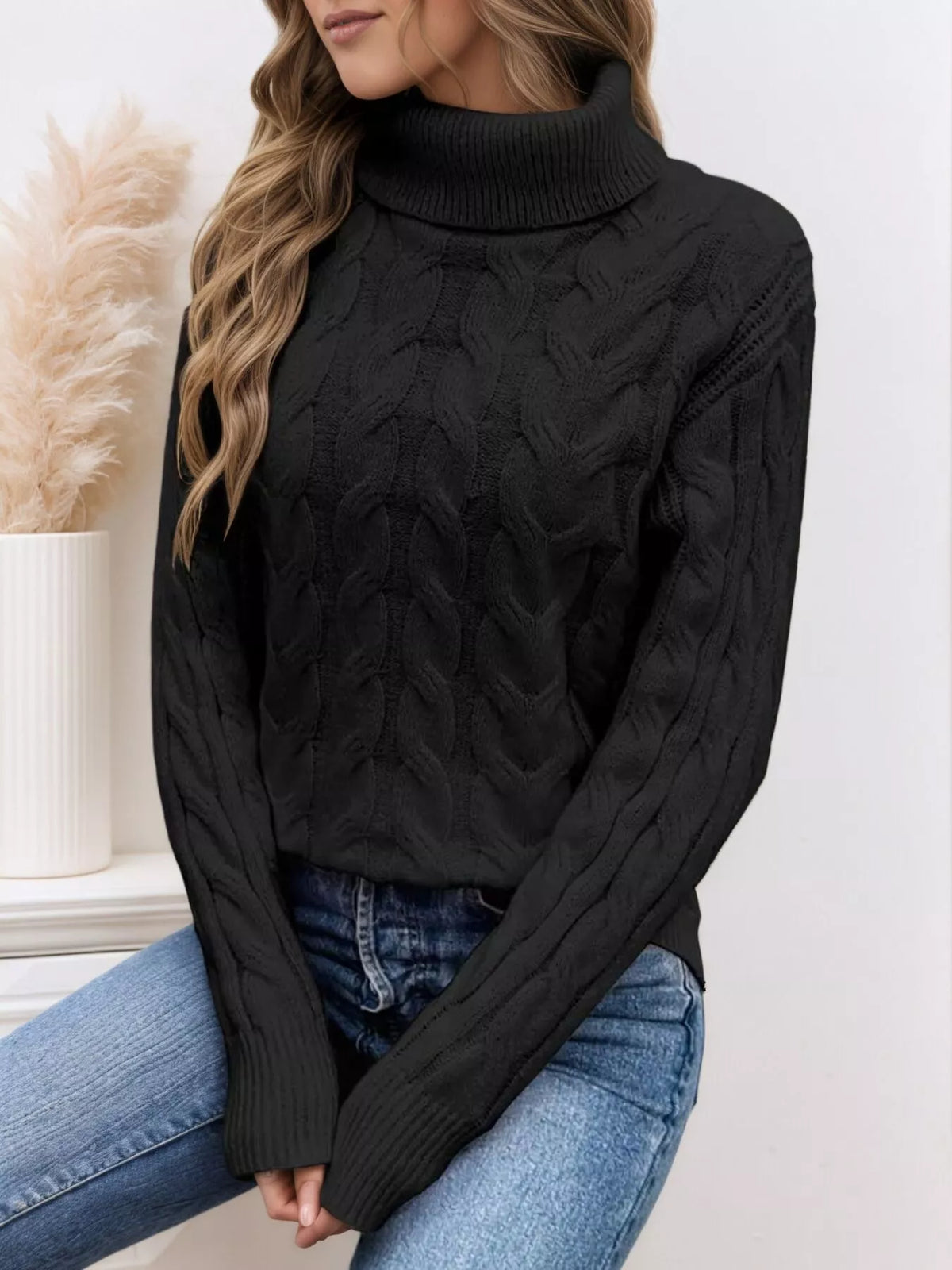 Cable Knit Turtleneck Long Sleeve Sweater (10)