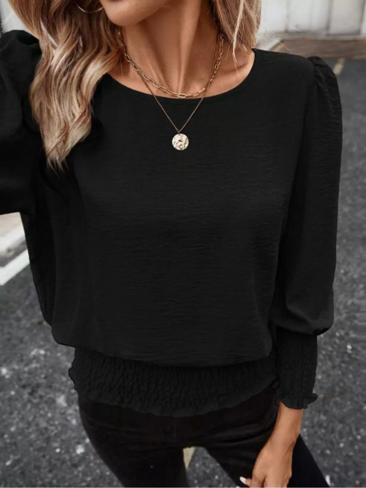 Smocked Waist Round Neck Blouse (23)