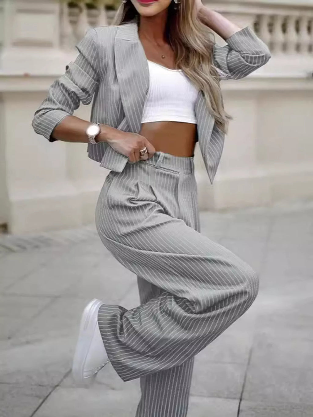 Striped Cropped Blazer Wide-leg Pants Two-piece Set (2)