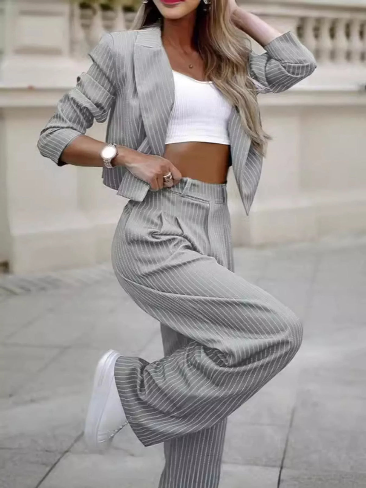 Striped Cropped Blazer Wide-leg Pants Two-piece Set (2)