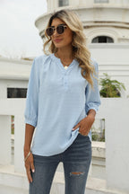 Swiss Dot Notched Neck Three-quarter Sleeve Blouse
