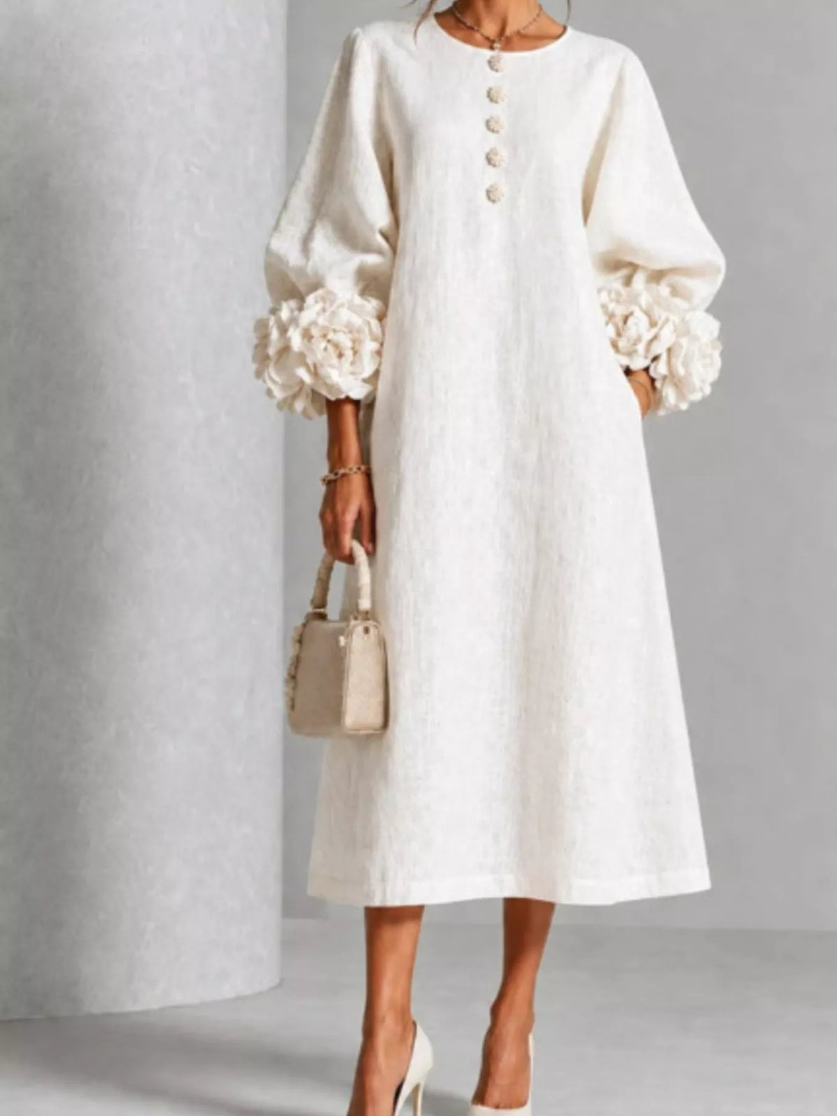 3d Floral Round Neck Midi Dress (4)