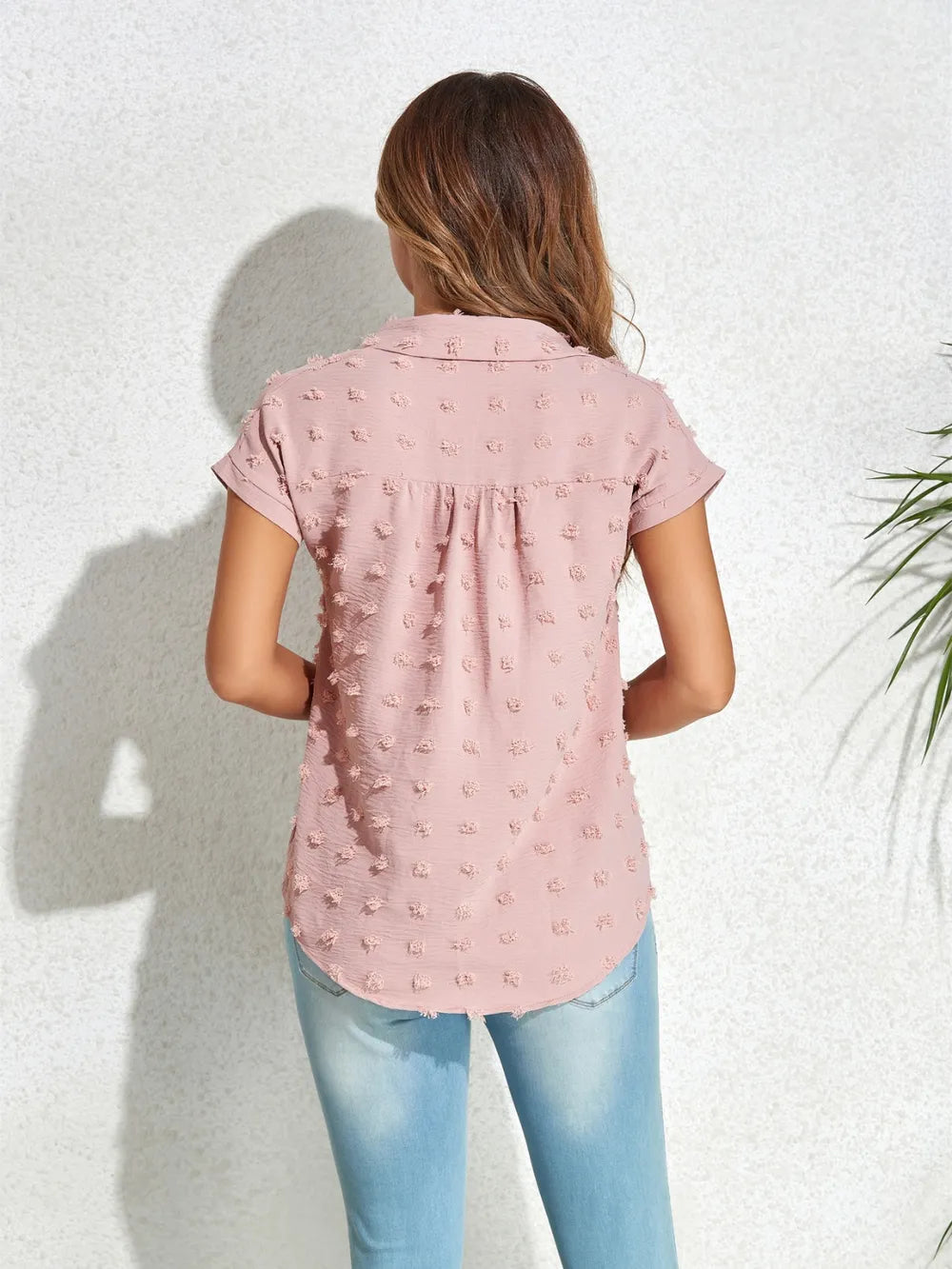 Swiss Dot Button Up Cap Sleeve Shirt (3)