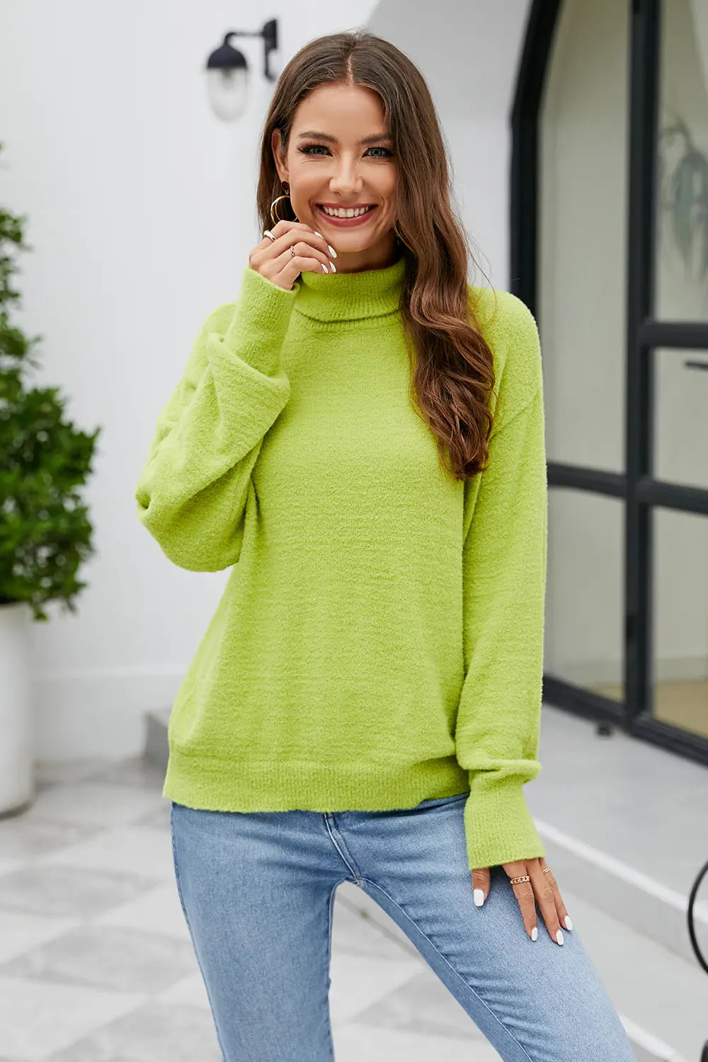 Mock Neck Dropped Shoulder Long Sleeve Sweater (3)