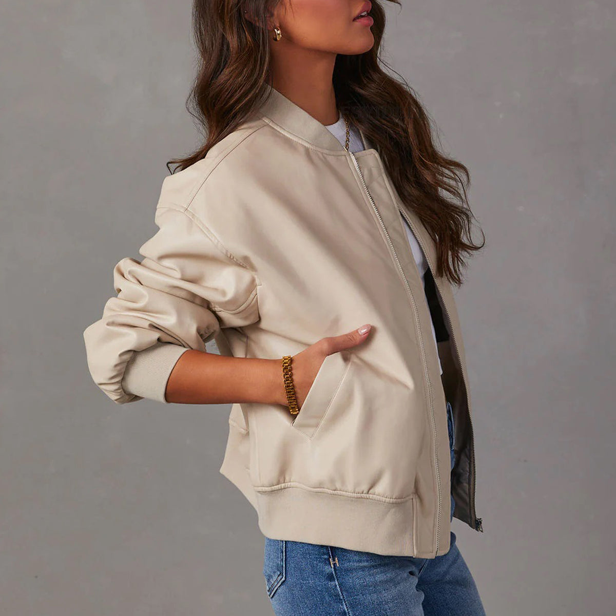 Leather Baseball Uniform Jacket Long-sleeved Motorcycle Coat photo 3