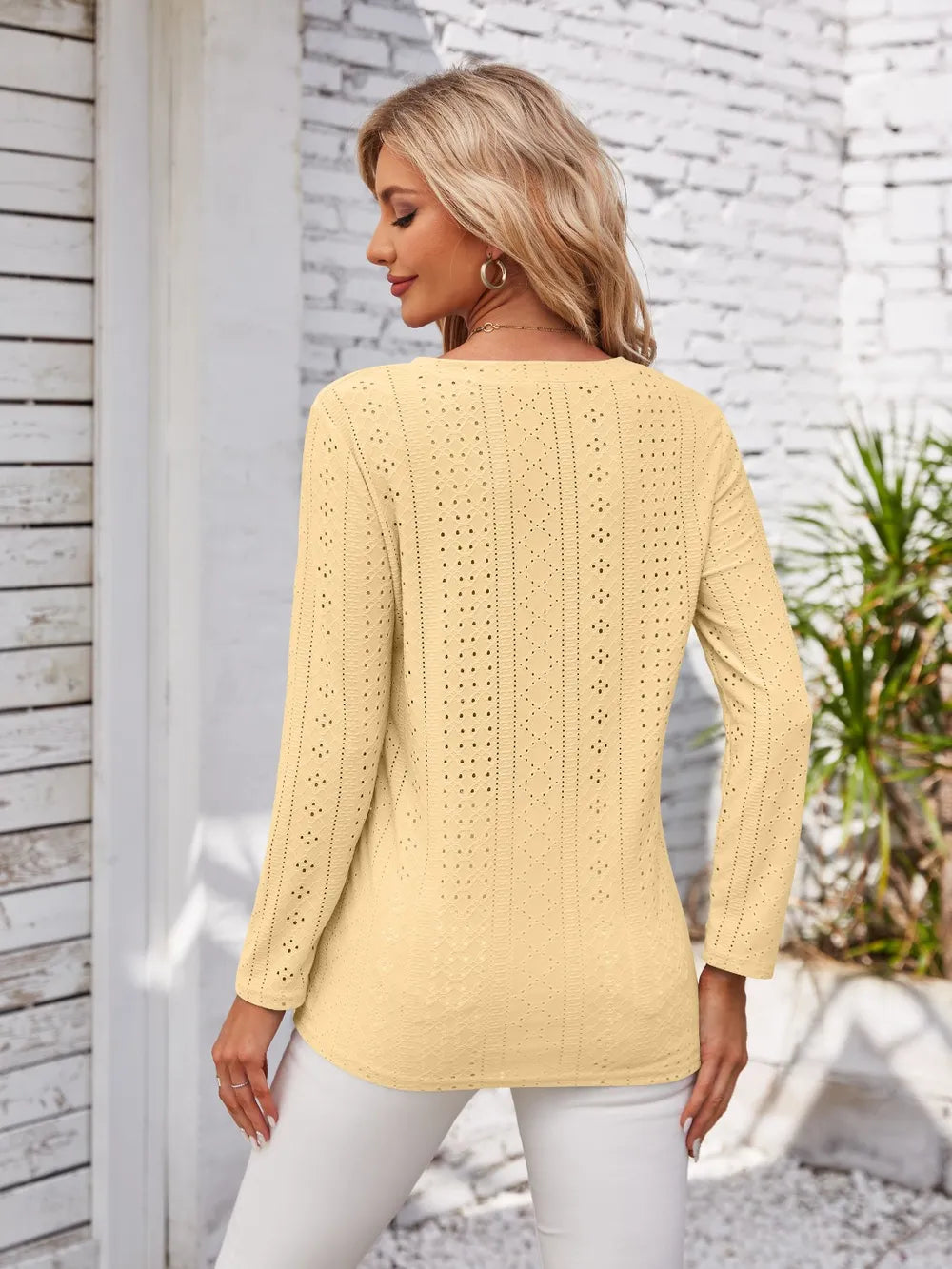 Decorative Button Openwork V-neck T-shirt (12)