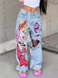 Full Size Art Print Distressed Wide-leg Jeans Plus