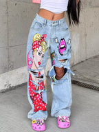 Full Size Art Print Distressed Wide-leg Jeans Plus