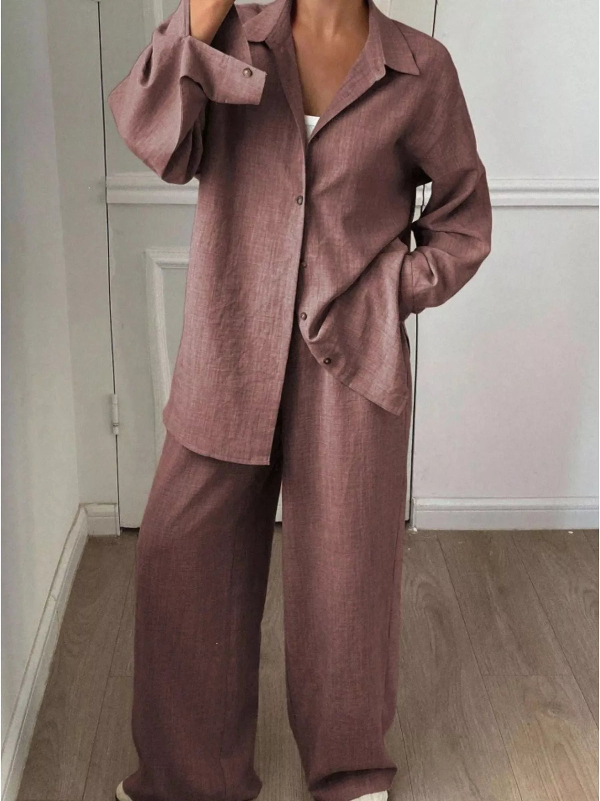 Button-down Shirt Wide-leg Pants Set (19)