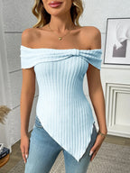 Ribbed Off-shoulder Asymmetrical Hem T-shirt (4)