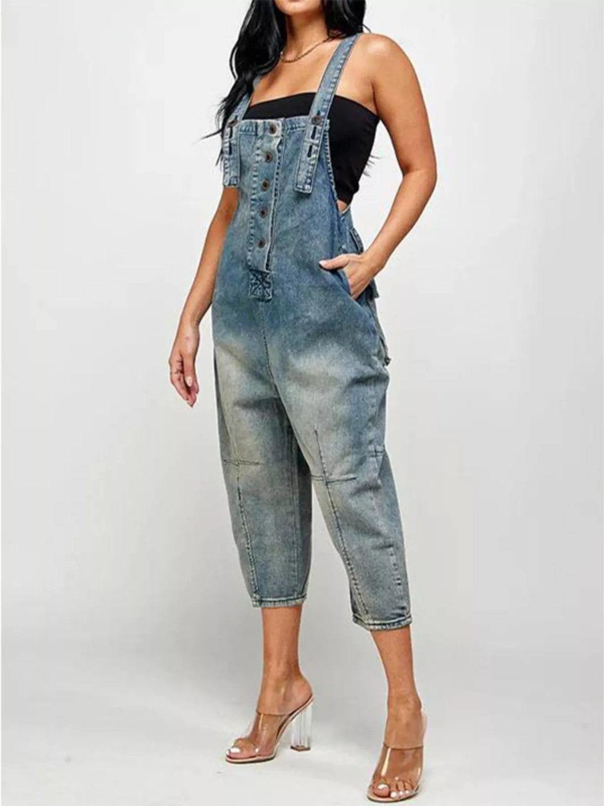 Full Size Button Front Denim Overalls Pockets Plus (3)