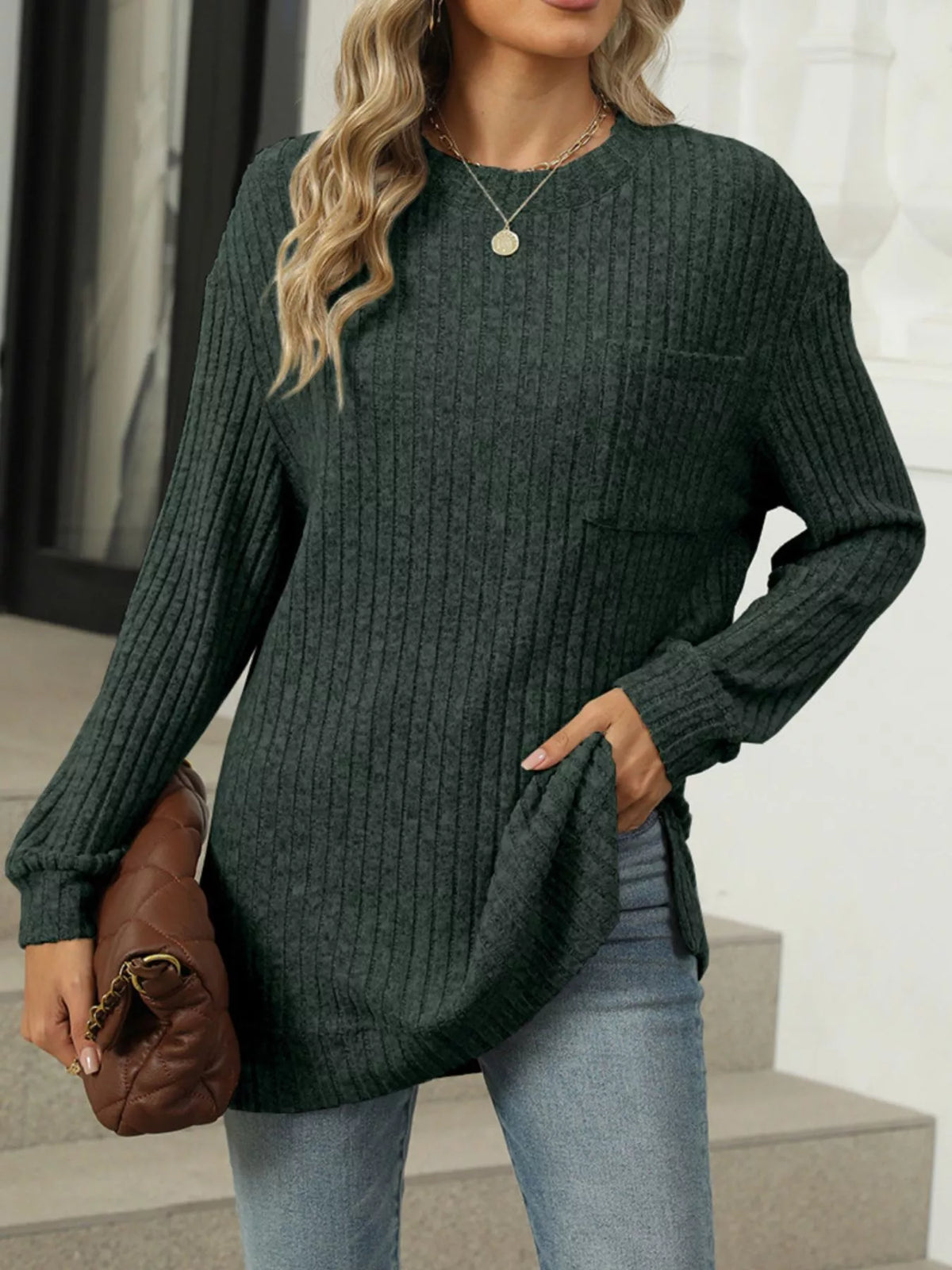 Ribbed Knit Round Neck Sweater (25)
