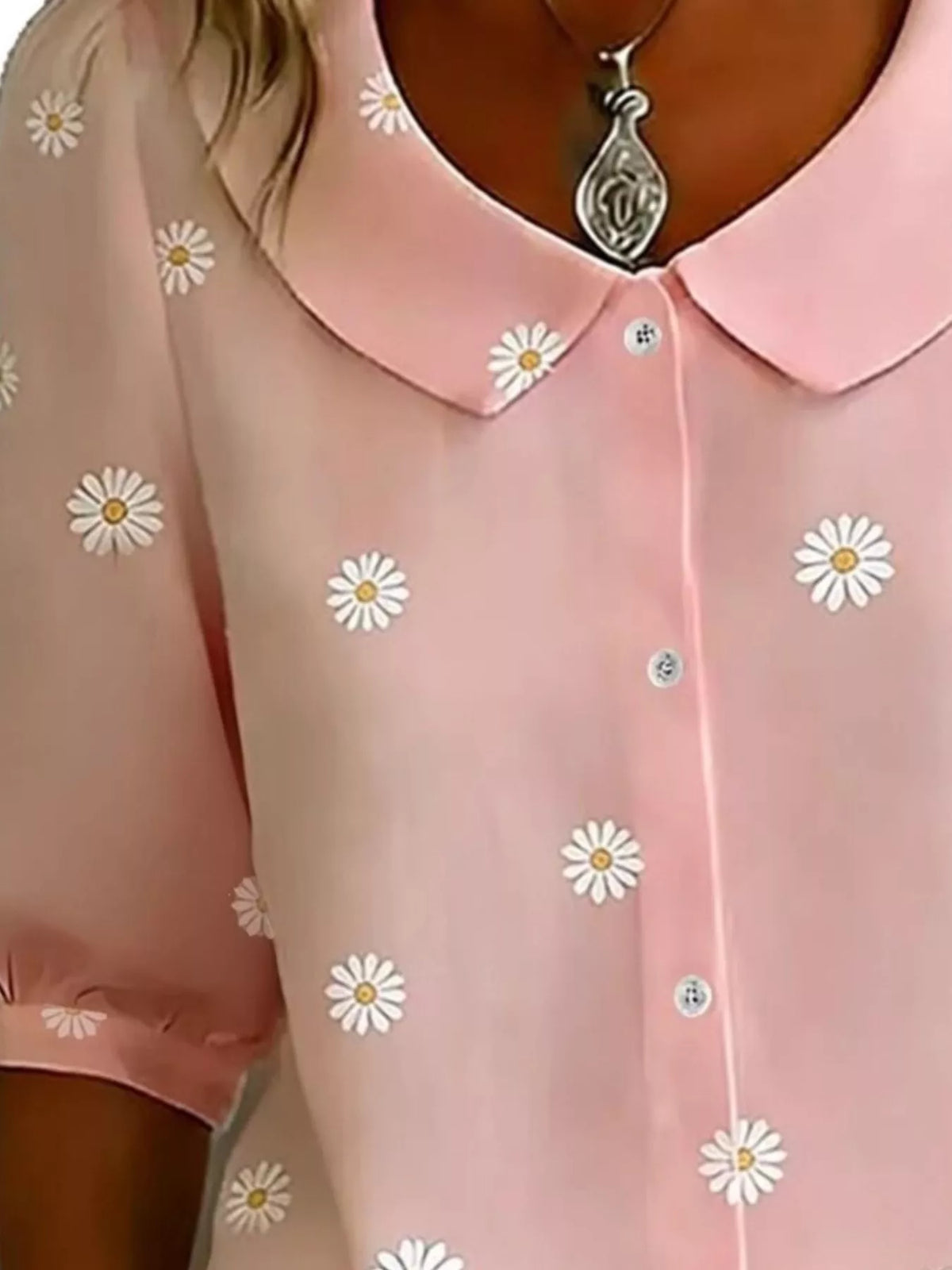 Daisy Print Peter Pan Collar Button-down Shirt (2)