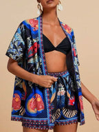 Printed Open Front Cardigan Shorts Set