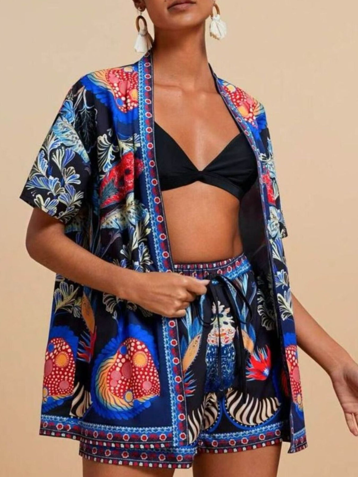 Printed Open Front Cardigan Shorts Set