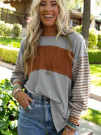 Round Neck Striped Long Sleeve Slit T-shirt (3)