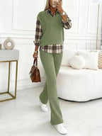 Ribbed Knit Plaid Sleeve Top Pants Set (13)