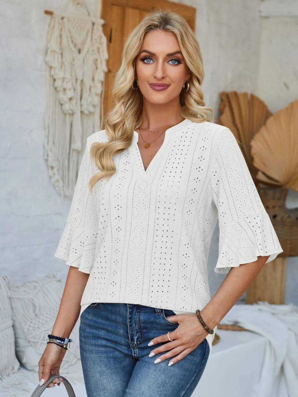 Eyelet Notched Half Sleeve T-shirt (5)
