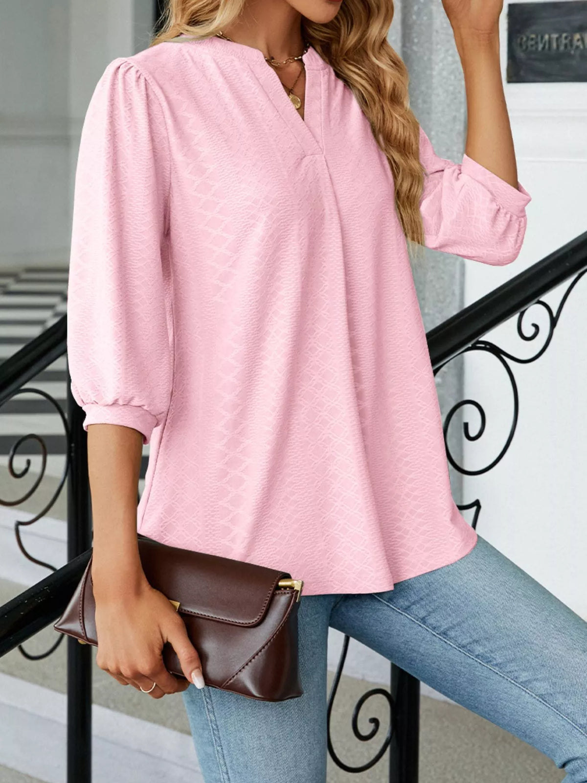 Notched 3/4 Sleeve Casual Top (12)