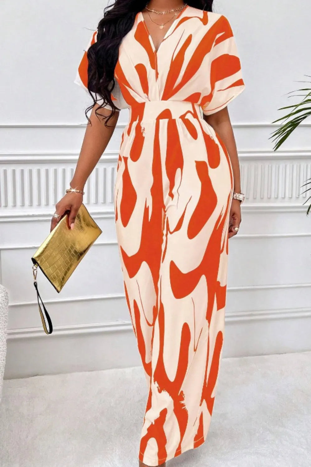 Printed V-neck Short Sleeve Wide Leg Jumpsuit (7)