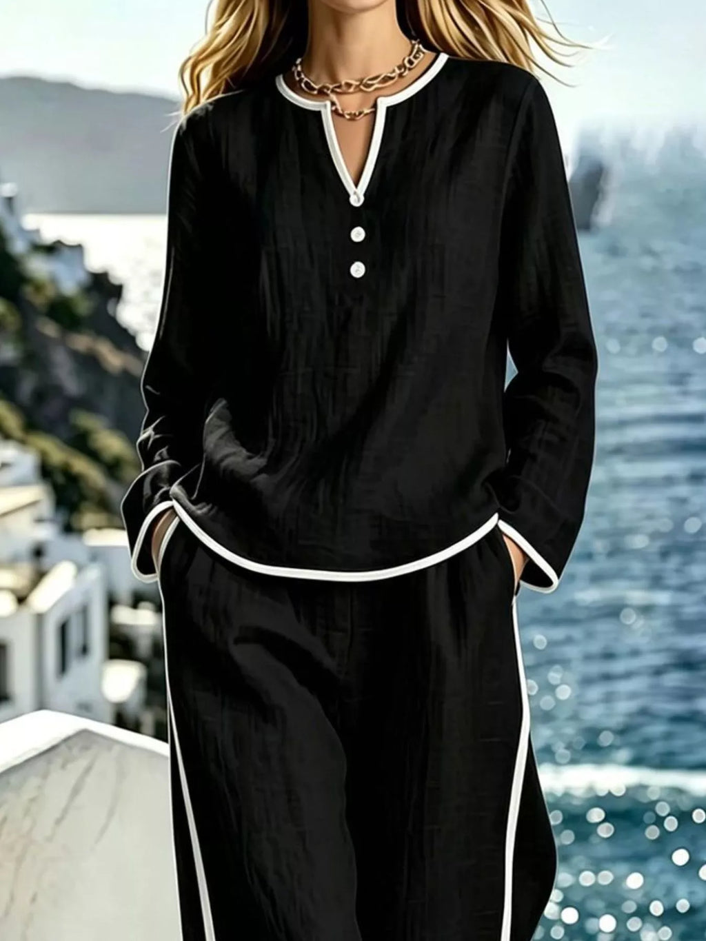 Contrast Trim Long Sleeve Top Pants Set (10)