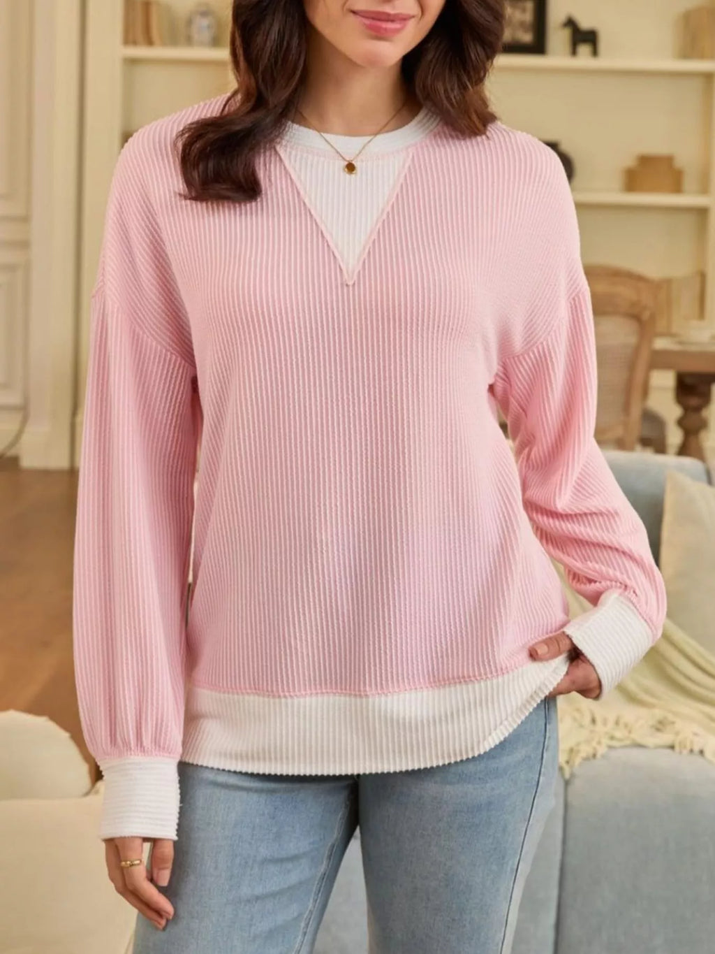 Two-tone Ribbed Knit Sweatshirt (6)