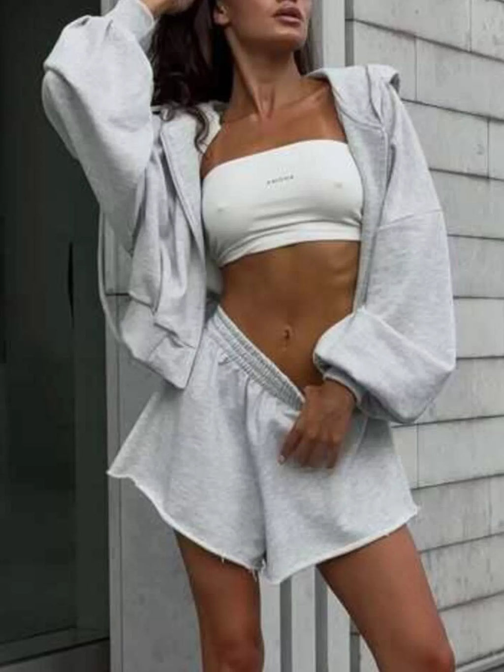 Zip Up Long Sleeve Outerwear Shorts Set (3)