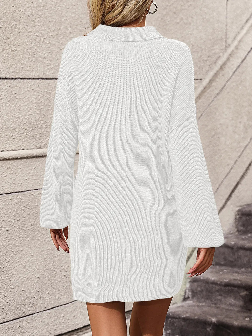Collared Neck Long Sleeve Sweater Dress Pockets (16)