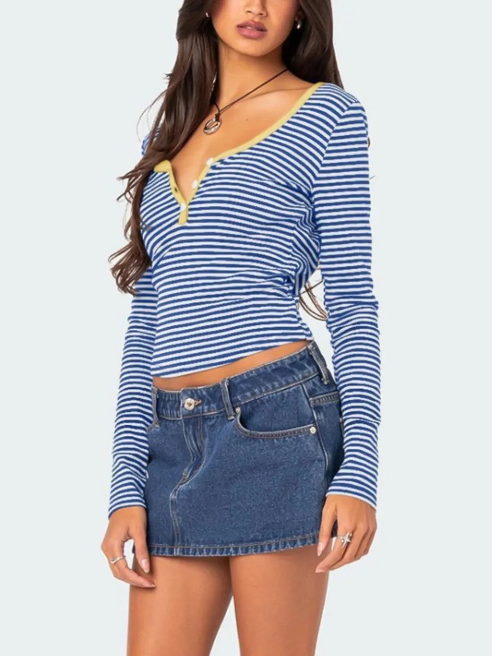 Buttoned Striped Long Sleeve T-shirt (15)