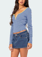 Buttoned Striped Long Sleeve T-shirt (15)