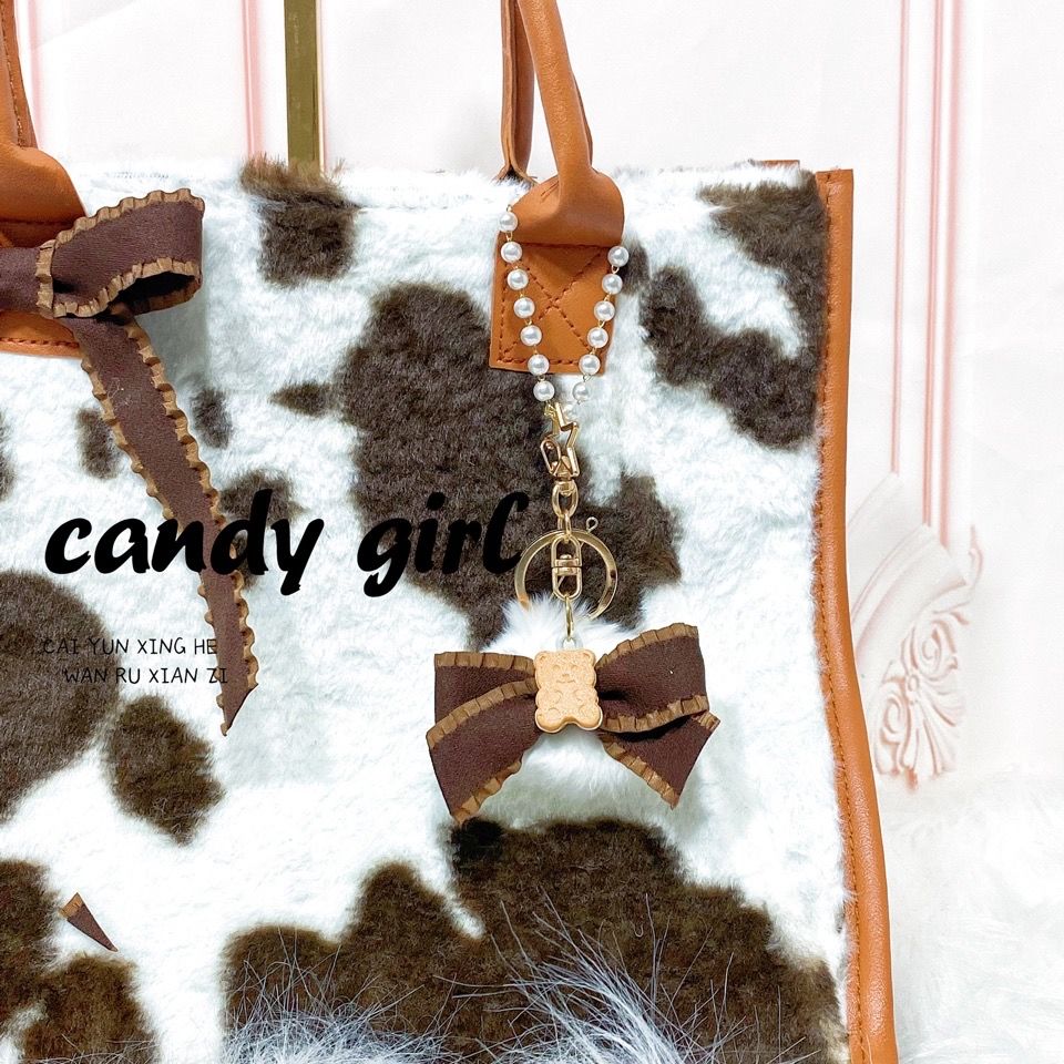 Cow Pattern Plush Bow Sweet Cute Shoulder Bag photo 2