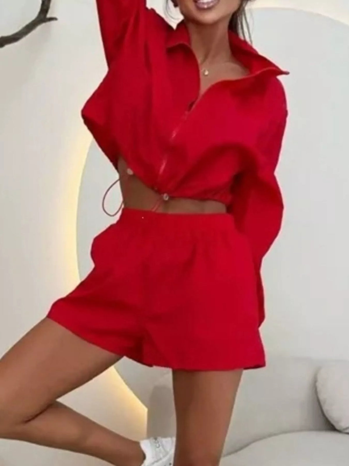 Zip-up Crop Jacket High-waisted Shorts Set (5)